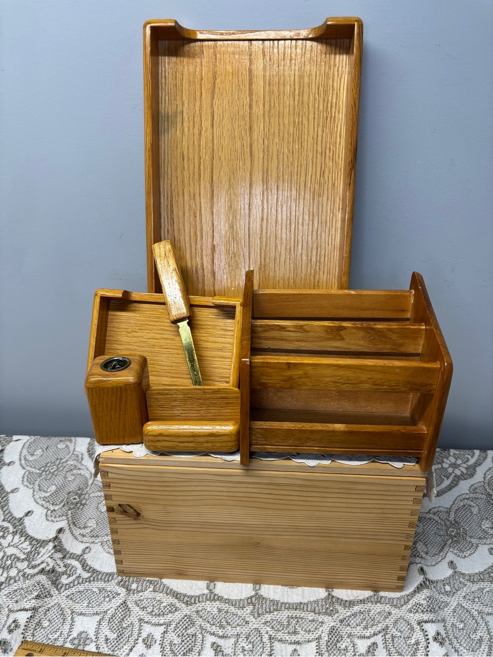 Vintage Solid Oak Wood Desk Organizer Set 6 Pieces Executive Office Accessories